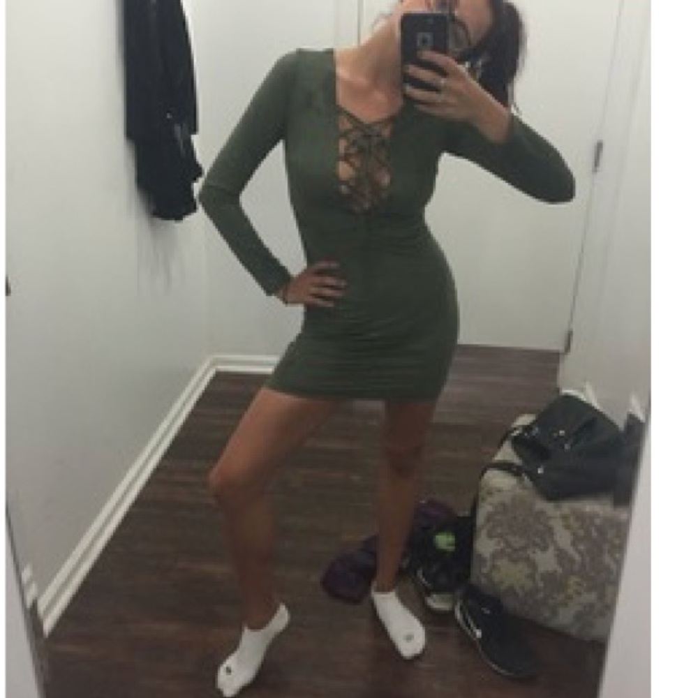 NWOT boutique cross front olive velvet dress